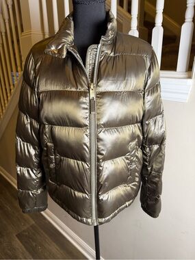 Massimo Dutti Metallic Olive Green Puffer Jacket